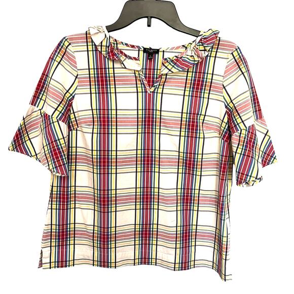 Talbots Plaid Bell Sleeve Womens Top Small Petite White Ruffles Academia Preppy - Picture 1 of 16